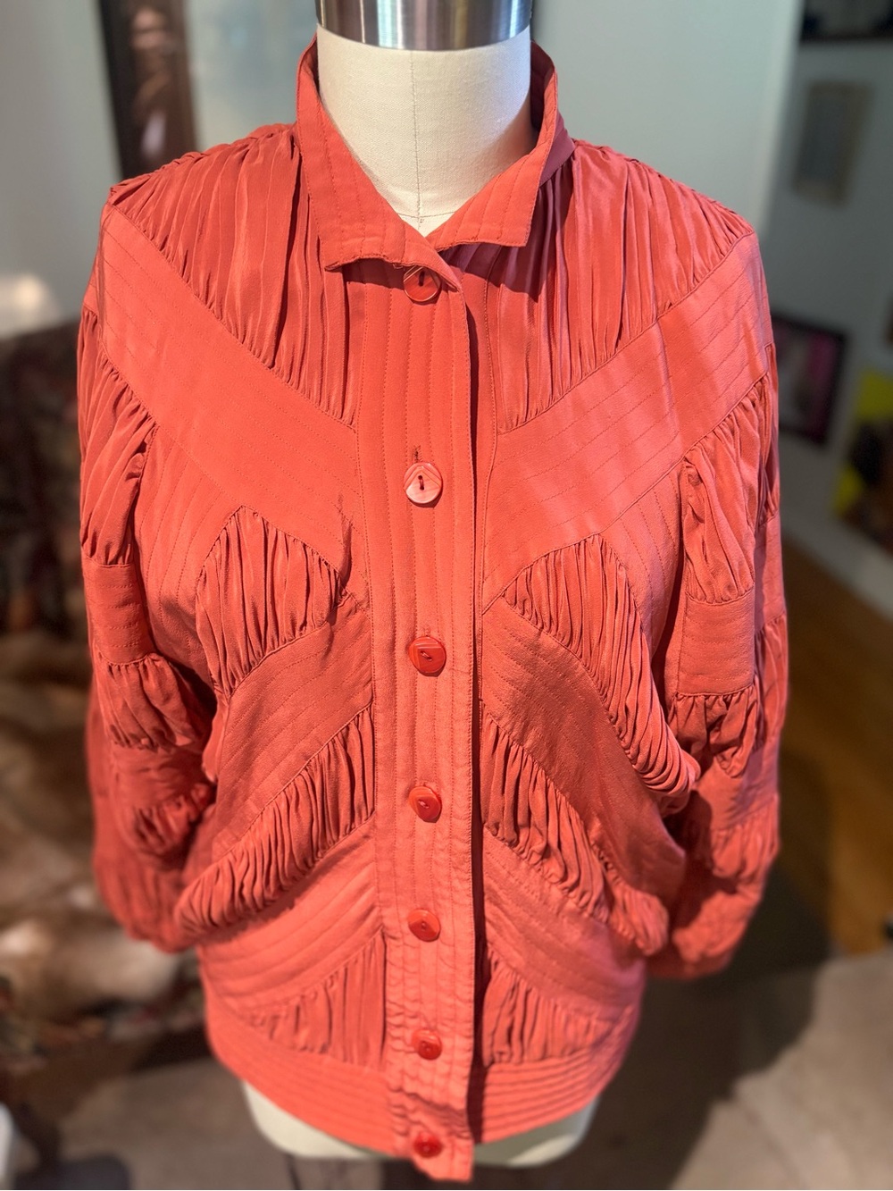 Perlita 100% Silk Quilted Pleated Jacket Blazer S Vintage 80s Coral